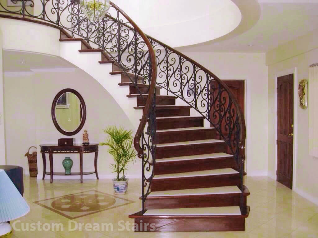 Custom patterned stair railing design and beige color
